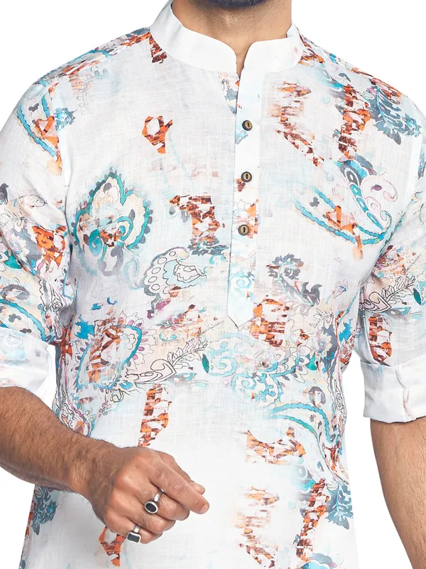 White and aqua printed cotton kurta