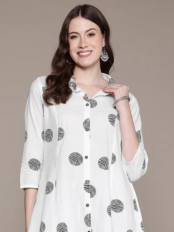 White and black kurti set for women in cotton silk