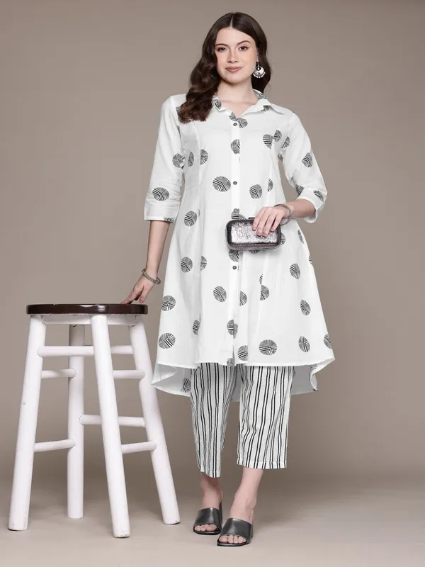 White and black kurti set for women in cotton silk