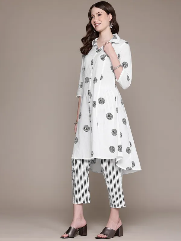 White and black kurti set for women in cotton silk
