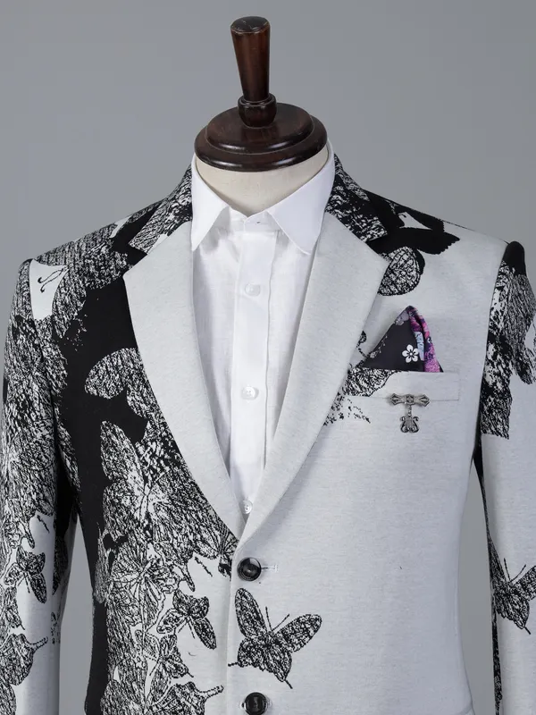 White and black printed cotton blazer
