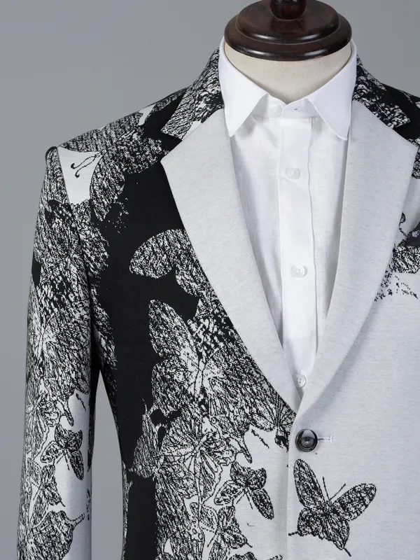White and black printed cotton blazer