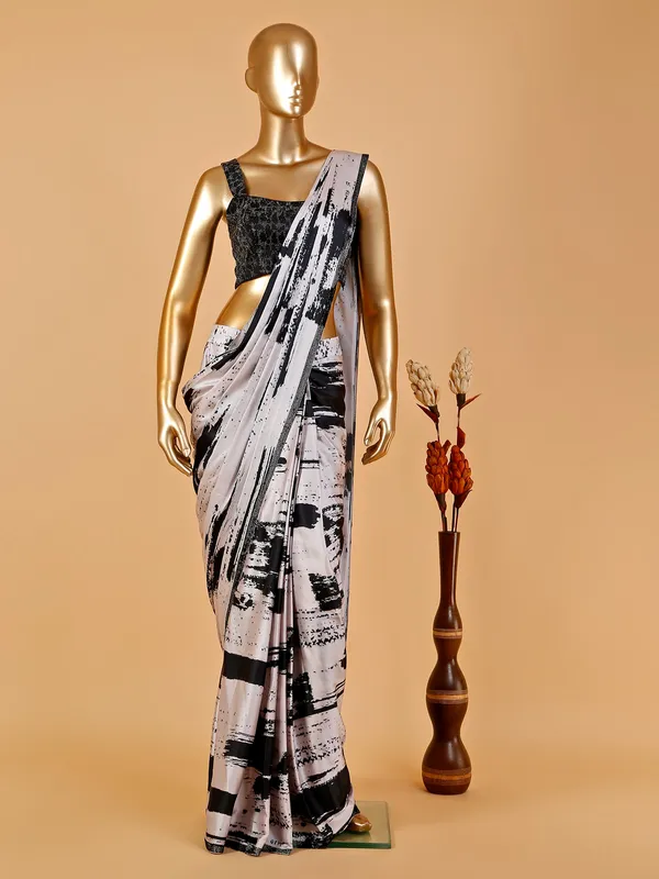 White and black satin pre stitched saree