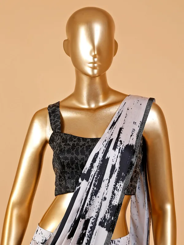 White and black satin pre stitched saree