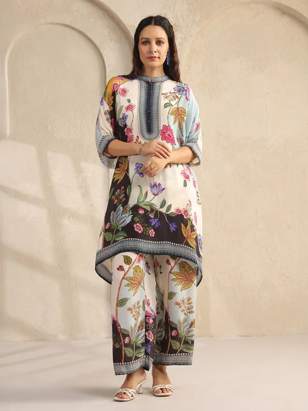 White and black silk printed co ord set