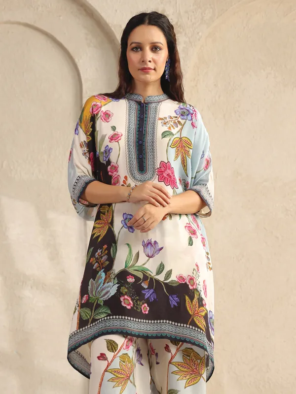 White and black silk printed co ord set