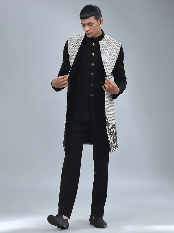 White and black terry rayon indowestern