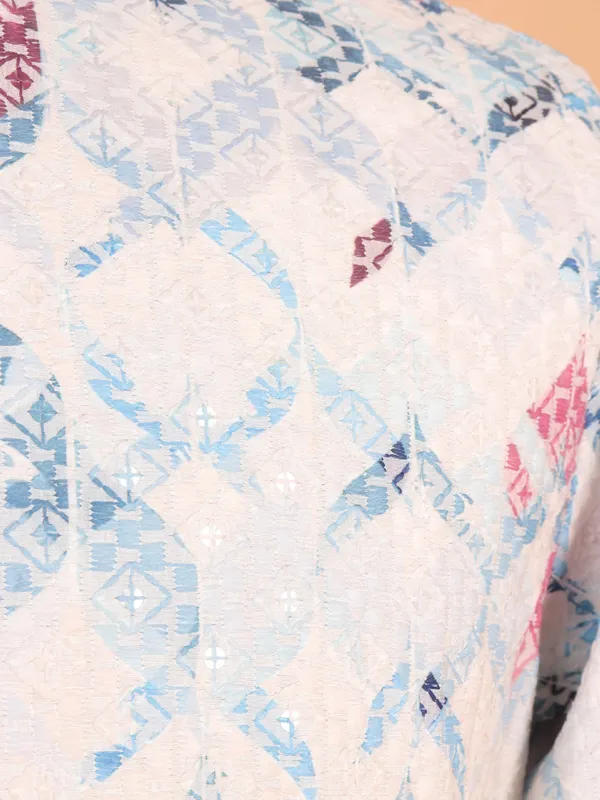 White and blue cotton kurta suit for men for festival