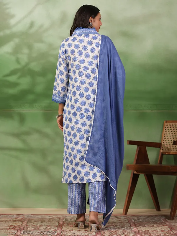 white and blue cotton kurti set for casual