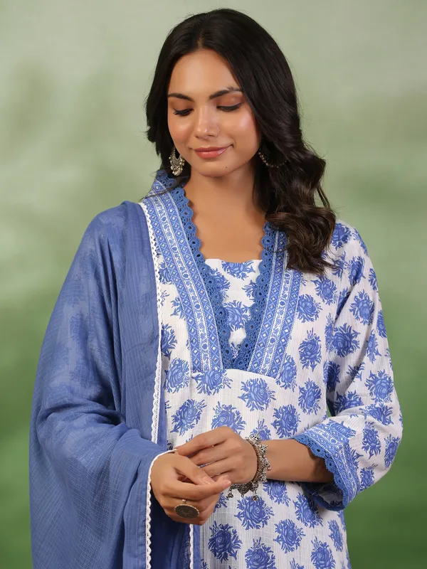 white and blue cotton kurti set for casual