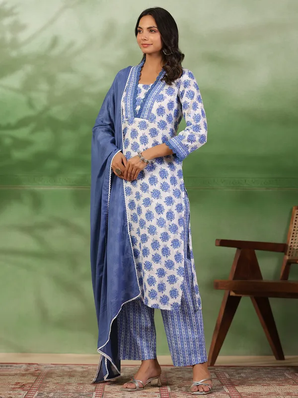 white and blue cotton kurti set for casual