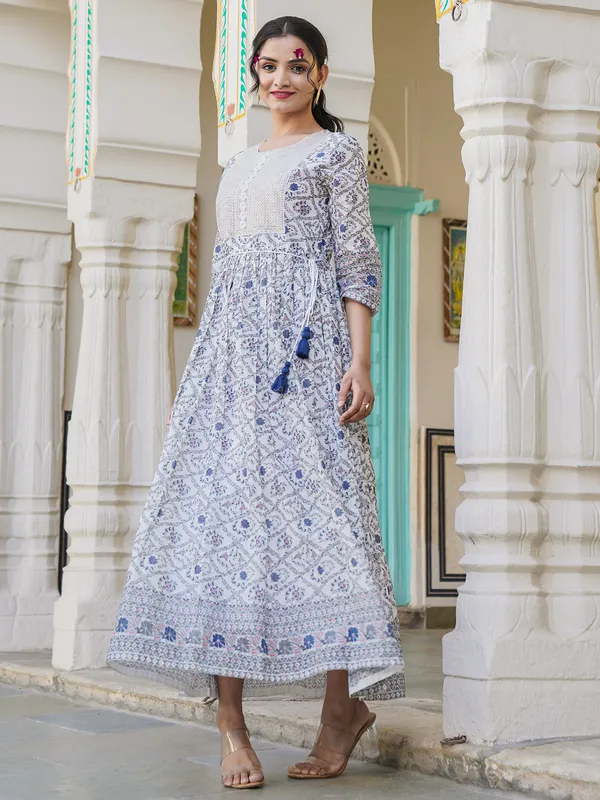 White and blue cotton long printed kurti