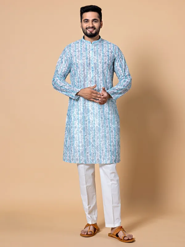 White and blue cotton printed kurta suit