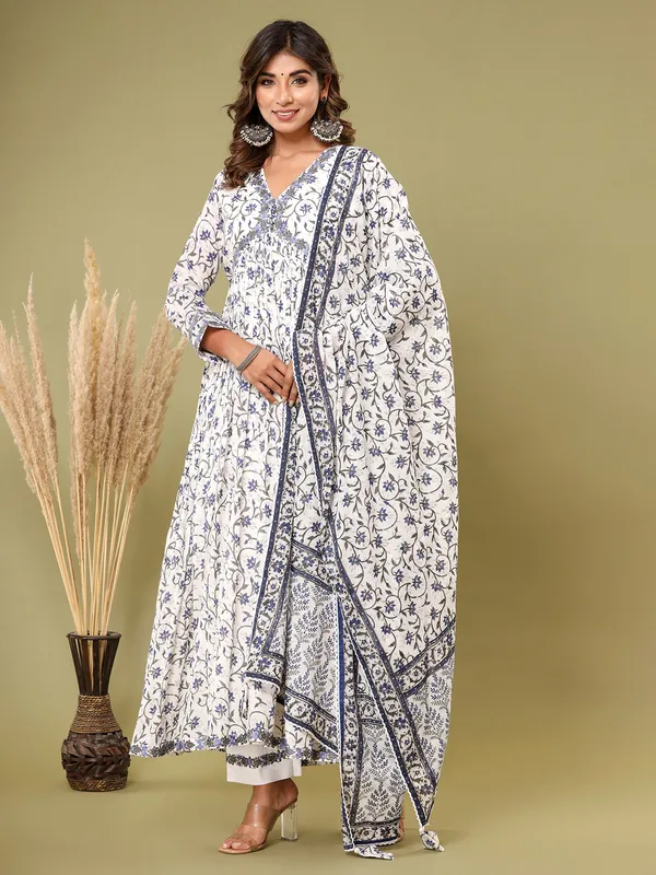 White and blue cotton printed kurti set