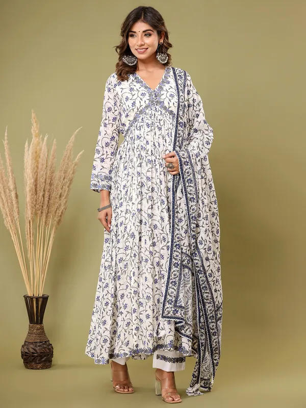 White and blue cotton printed kurti set