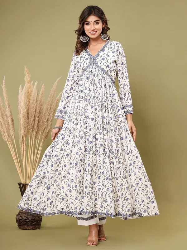 White and blue cotton printed kurti set