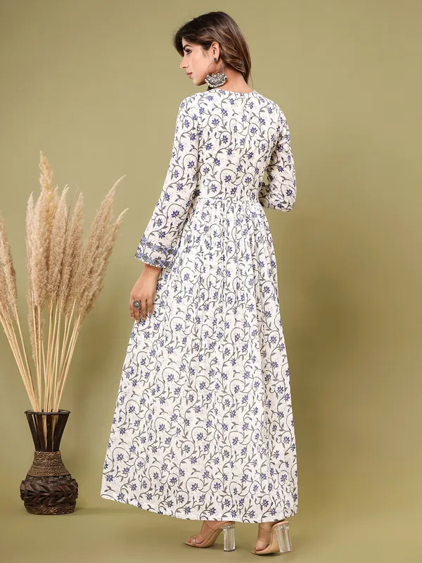 White and blue cotton printed kurti set
