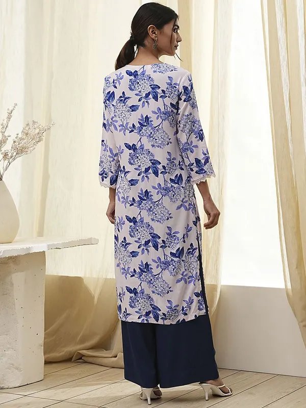 White and blue cotton silk printed kurti