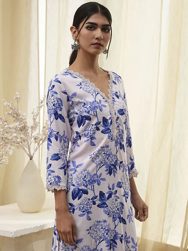 White and blue cotton silk printed kurti