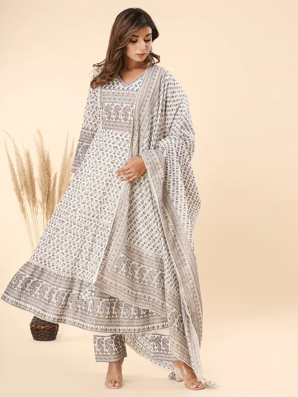 White and blue kurti set in printed