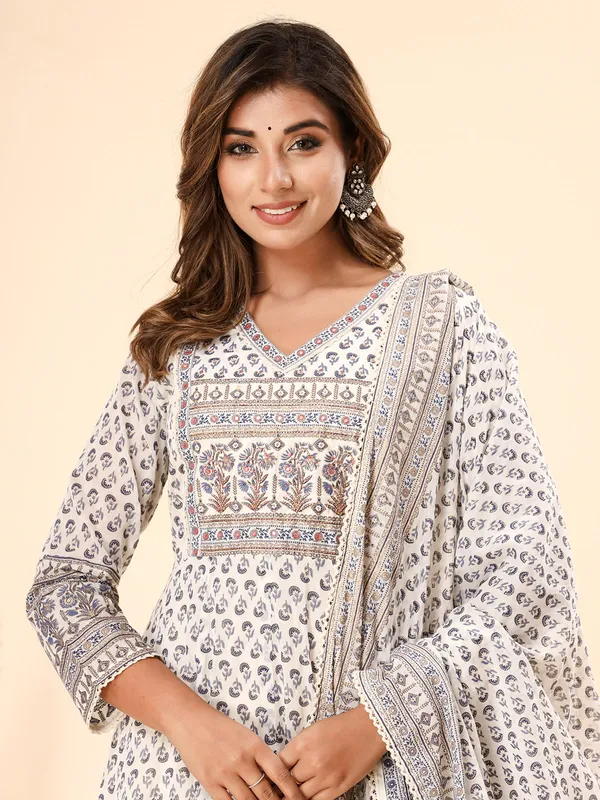 White and blue kurti set in printed