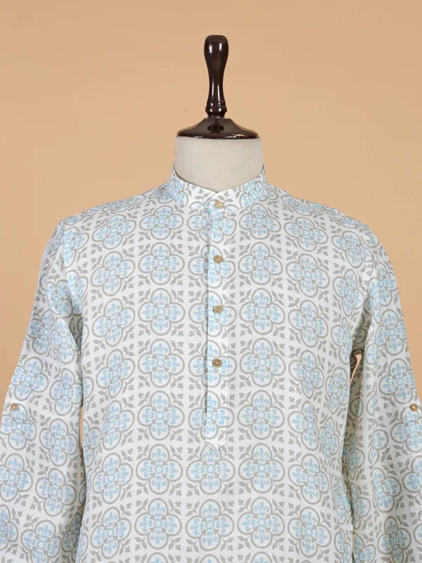 White and blue printed cotton kurta for men