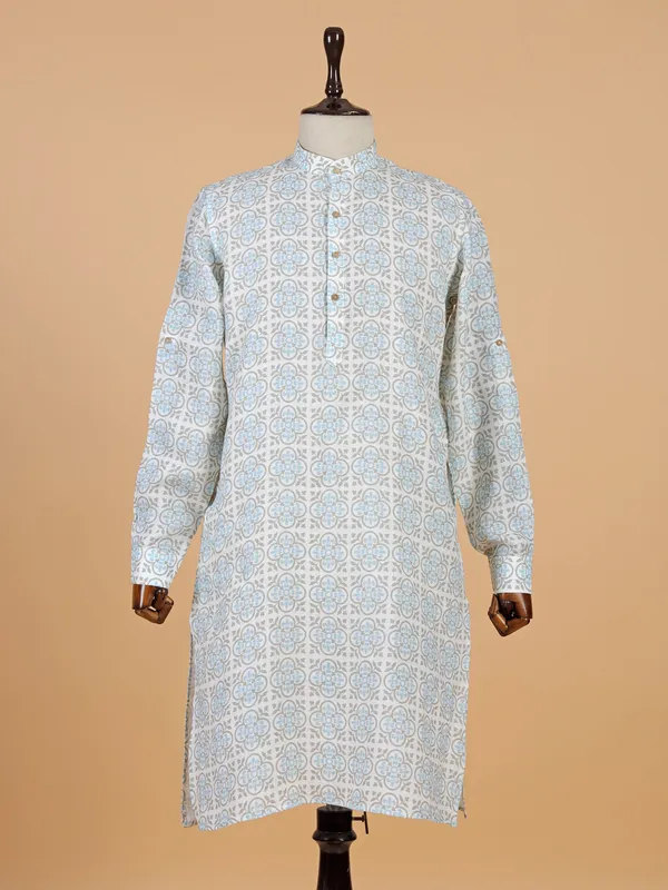 White and blue printed cotton kurta for men