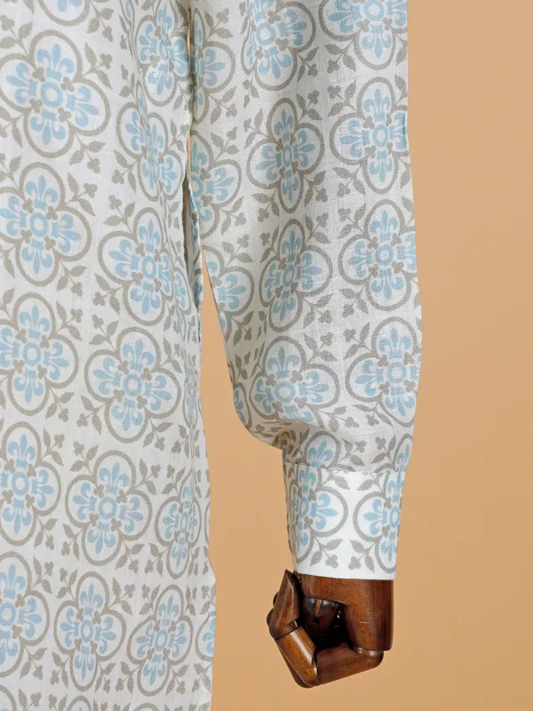 White and blue printed cotton kurta for men