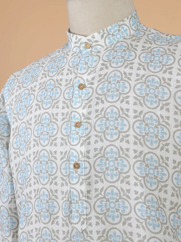 White and blue printed cotton kurta for men