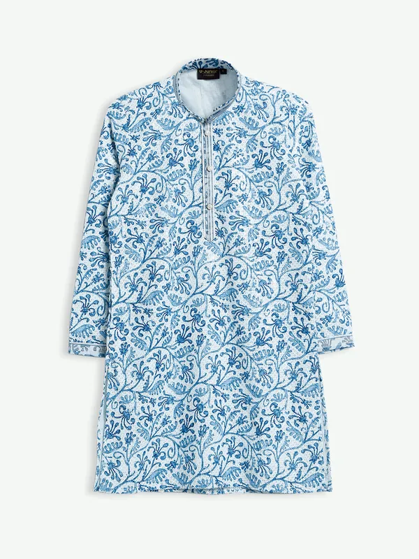 White and blue printed cotton kurta suit