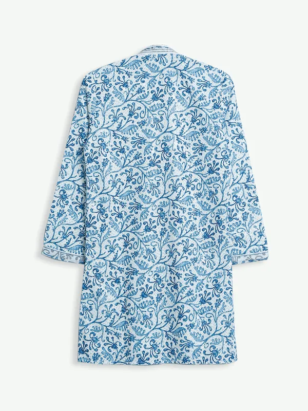 White and blue printed cotton kurta suit
