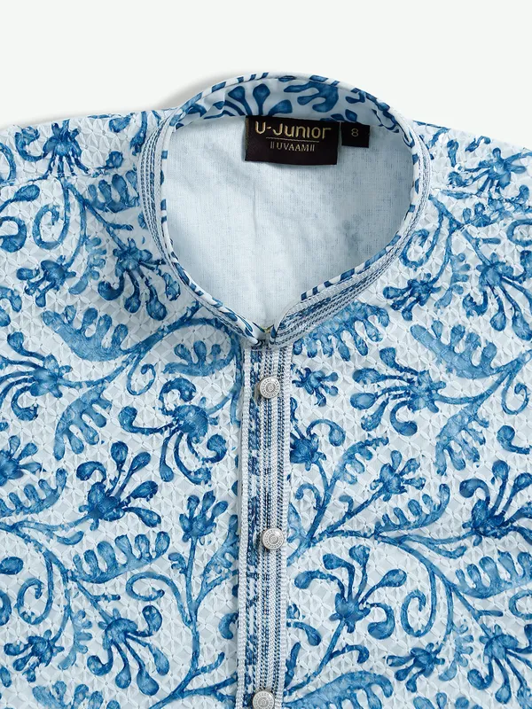 White and blue printed cotton kurta suit
