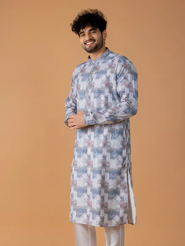 White and blue printed  Men Kurta pajama for festive