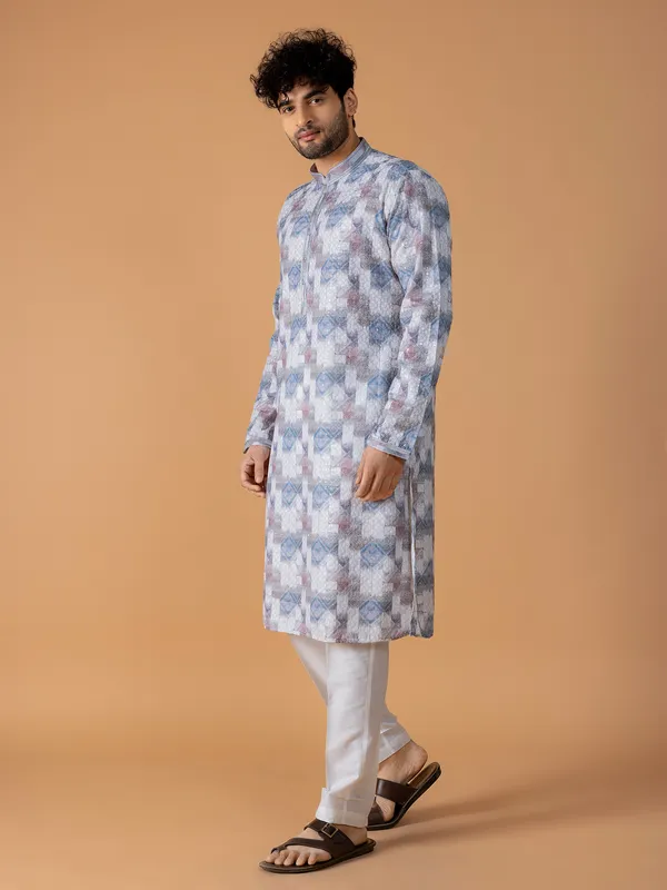White and blue printed  Men Kurta pajama for festive