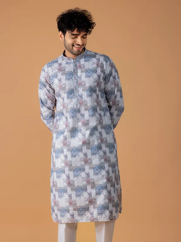 White and blue printed  Men Kurta pajama for festive