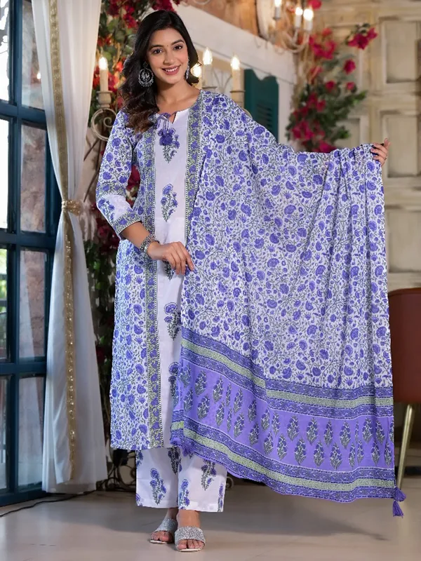 White and blue printed silk kurti set