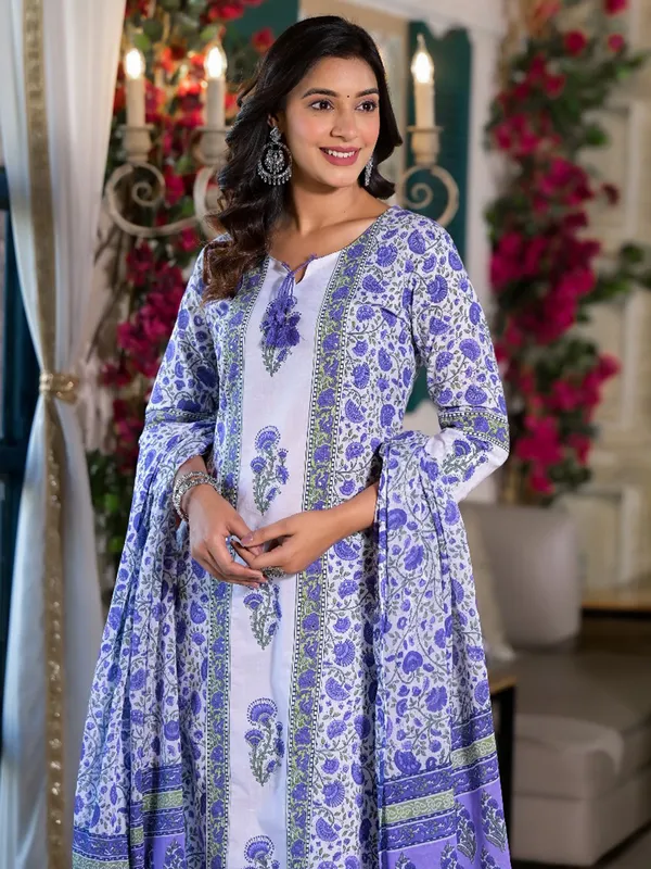 White and blue printed silk kurti set
