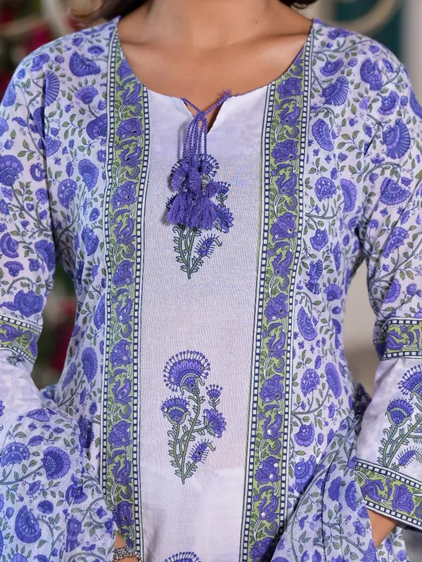 White and blue printed silk kurti set