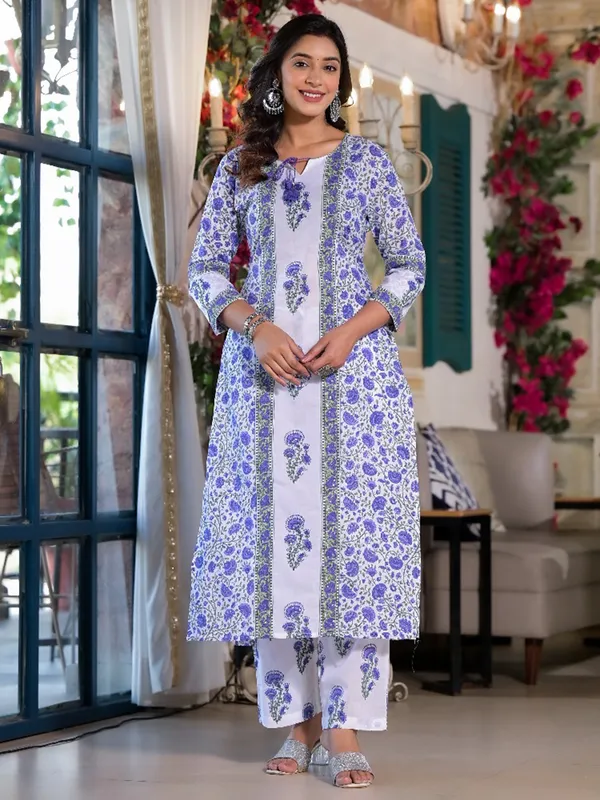 White and blue printed silk kurti set