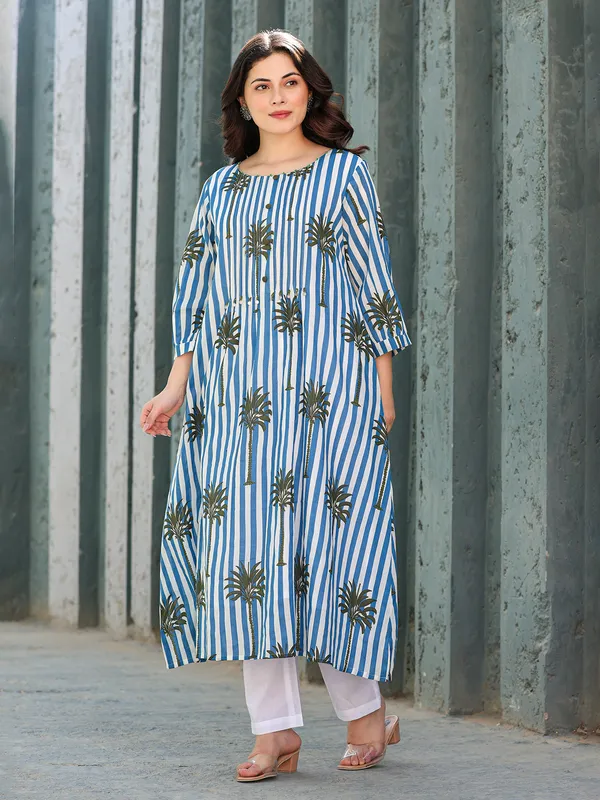 White and blue silk printed kurti set