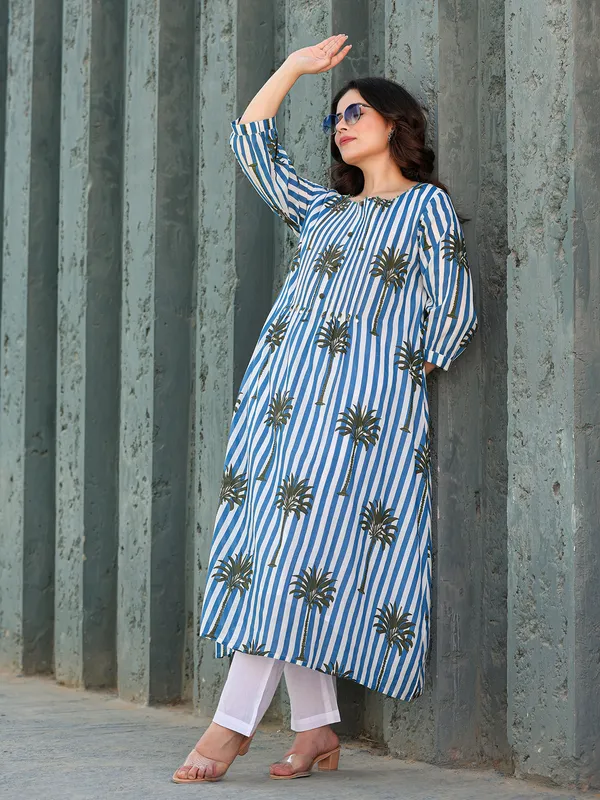 White and blue silk printed kurti set