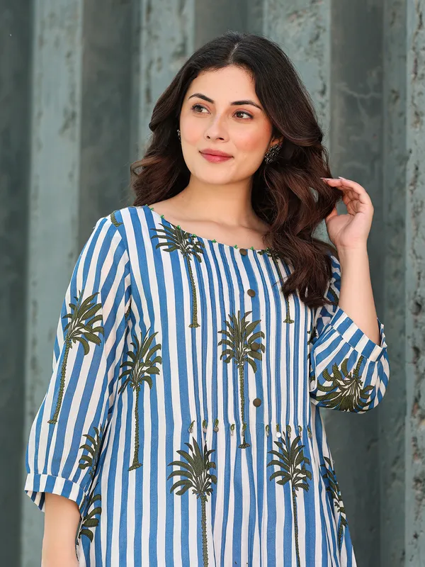 White and blue silk printed kurti set