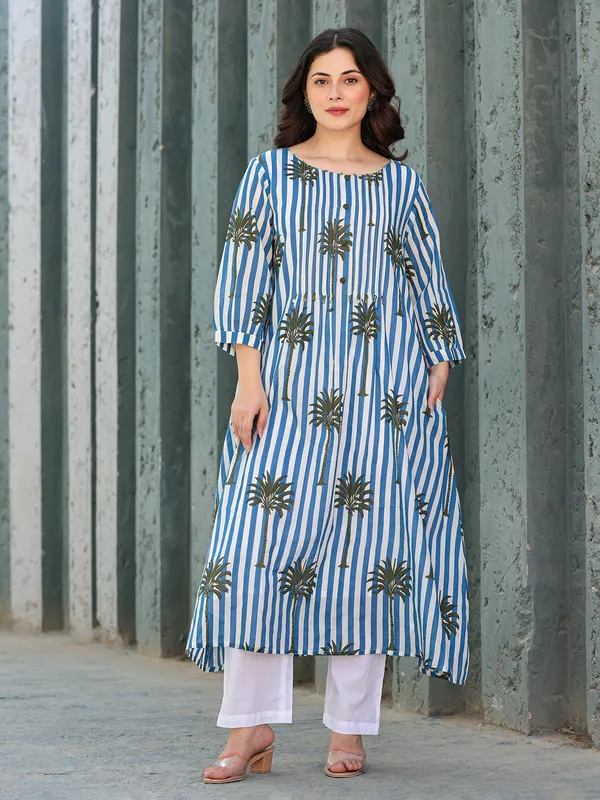 White and blue silk printed kurti set