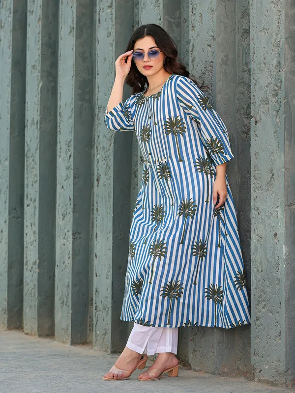 White and blue silk printed kurti set