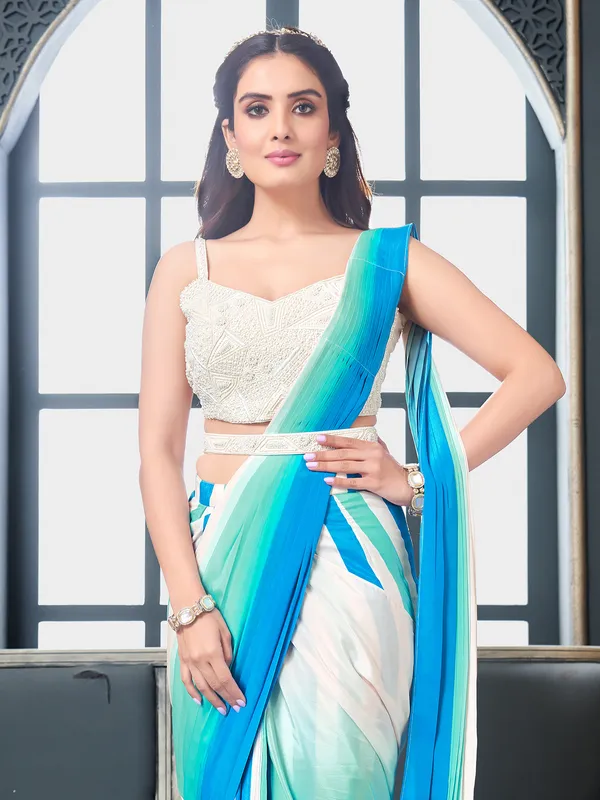White and blue stripe ready pleated saree