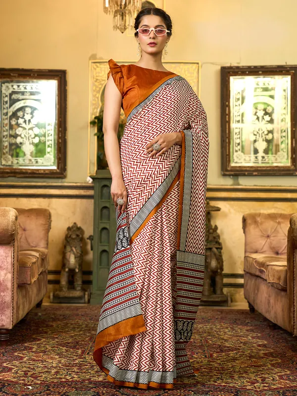 White and brown bhagalpuri silk printed saree