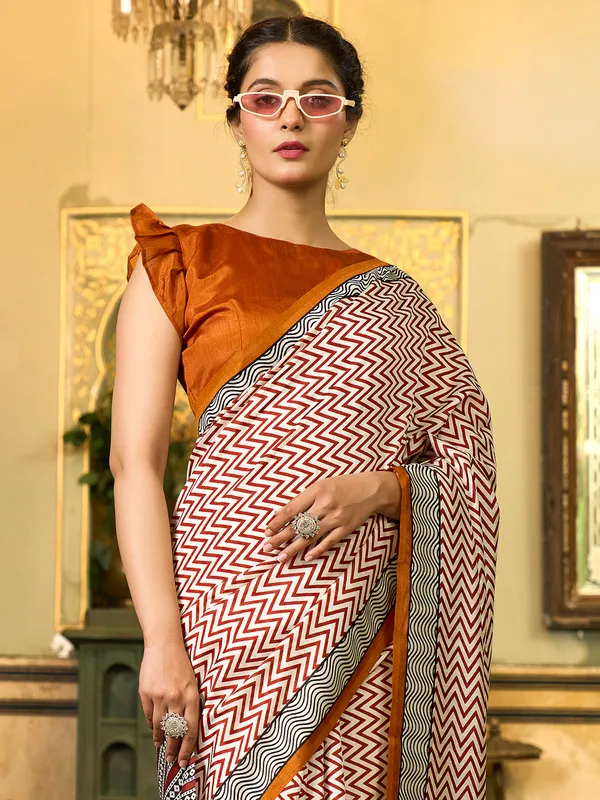 White and brown bhagalpuri silk printed saree