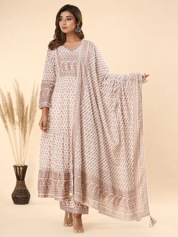 White and brown cotton kurti set with dupatta