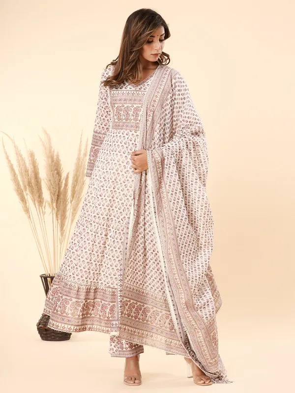 White and brown cotton kurti set with dupatta