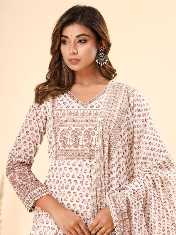 White and brown cotton kurti set with dupatta